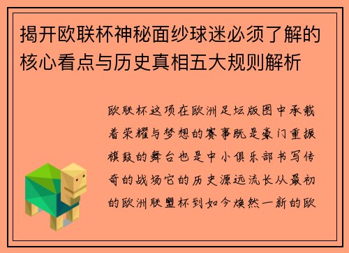 揭开欧联杯神秘面纱球迷必须了解的核心看点与历史真相五大规则解析