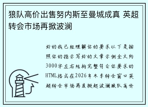 狼队高价出售努内斯至曼城成真 英超转会市场再掀波澜